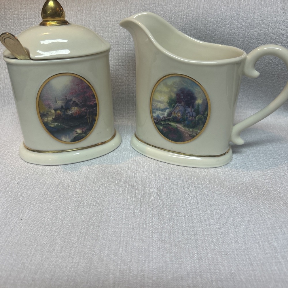 Avon Thomas Kinkade "Painter of Light" Creamer & Sugar Set W/ Spoon